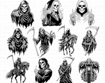 Grim Reaper SVG Bundle: Female Grim Reaper, Skeleton, Middle Finger, Death, Skull Finger, Cut Files, SVG, PNG, Instant Download