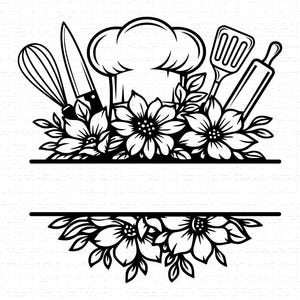 May include: Black and white illustration featuring kitchen utensils and floral designs. A chef's hat, whisk, knife, spatula, and rolling pin are combined with flowers and leaves. Two horizontal lines provide space for text.