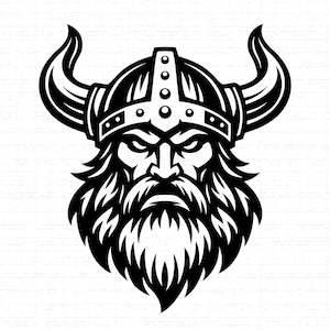 May include: Black and white illustration of a Viking warrior's head. The image features a detailed depiction of a bearded face wearing a horned helmet. The design is bold and graphic, suitable for various applications.