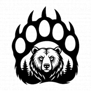 May include: Black and white illustration of a bear's face, framed by a large bear paw print. The bear is centered, with a forest scene visible below its face. The design is bold and graphic, suitable for various applications.