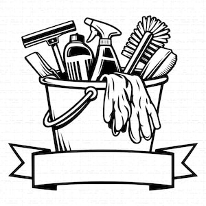 Puede incluir: Ilustración en blanco y negro de un cubo de limpieza lleno de suministros. El cubo contiene una escobilla de goma, botellas, un pulverizador, un cepillo y guantes. Una pancarta está debajo del cubo.