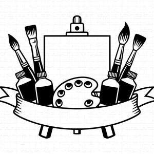 Può includere: Illustrazione in bianco e nero di forniture artistiche. Un cavalletto sostiene una tela bianca, circondata da pennelli, barattoli di vernice e una tavolozza. Un banner è drappeggiato in basso. Design grafico per artisti.
