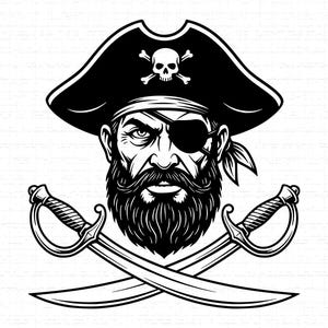 Może przedstawiać: Czarno-biała ilustracja pirata z brodą, przepaską na oku i kapeluszem z czaszką i skrzyżowanymi piszczelami. Dwa skrzyżowane miecze pod twarzą tworzą klasyczny motyw piracki.