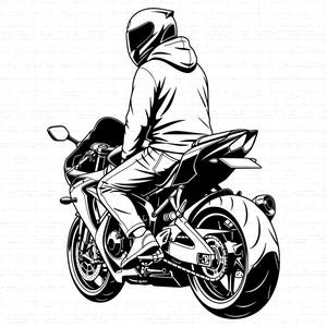 Op de afbeelding: Zwart-wit illustratie van een persoon op een motorfiets. De persoon draagt een helm en een hoodie, zittend op een moderne sportmotor. De motorfiets heeft gedetailleerde wielen, uitlaat en spiegels.