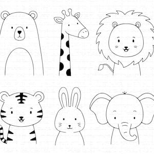 Niedliche Baby Safari Tiere SVG Bundle: Einfacher Löwe, Giraffe, Bär, Elefant, Tiger, Häschen Clipart, Schneidedatei, SVG, PNG, Sofort Download
