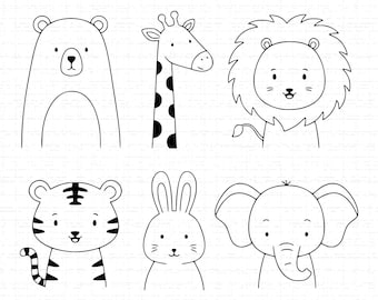 Cute Baby Safari Animals SVG Bundle: Simple Lion, Giraffe, Bear, Elephant, Tiger, Bunny Clipart, Cut Files, SVG, PNG, Instant Download