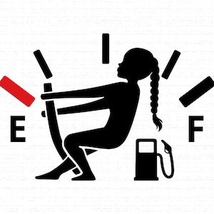 Könnte beinhalten: Eine schwarze Silhouette einer Person dient als Tankanzeige und zeigt einen leeren Tank an. Die Anzeige zeigt "E" und "F". Eine Zapfsäule ist ebenfalls abgebildet. Das Bild ist eine humorvolle Darstellung von Kraftstoffmangel.