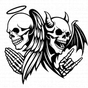 May include: Black and white illustration of two skulls, one with a halo and praying hands, the other with horns, a bat wing, and a hand making a rock and roll gesture. The image has a gothic theme.