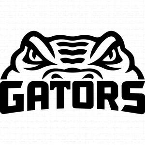 May include: Black and white graphic of a stylized alligator head above the word "GATORS" in bold, block letters. The alligator's eyes are focused and intense, with detailed lines. The design is suitable for apparel and fan merchandise.