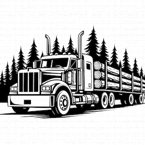 May include: Black and white illustration of a semi-truck hauling logs. The truck is in the foreground, with a detailed design of the cab, wheels, and exhaust stacks. Silhouetted pine trees form the background.