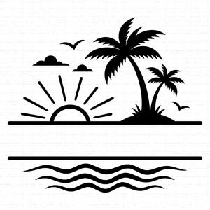 Puede incluir: Gráfico en blanco y negro de una escena de playa tropical. El diseño presenta un sol con rayos, palmeras, nubes, pájaros y olas del océano. Una línea horizontal está presente encima de las olas, con espacio para texto.