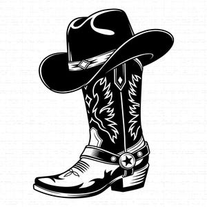 May include: A black and white illustration of a cowboy hat resting on top of a cowboy boot. The hat has a decorative band, and the boot features intricate floral designs and a star-shaped buckle. The image is a classic representation of Western wear.