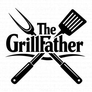 以下が含まれることがあります： 「The GrillFather」の文字と、フォークとヘラが交差したデザインの白黒グラフィック。曲線が特徴で、テクスチャ加工された白い背景に配置されています。