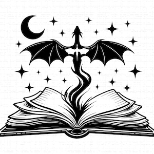 May include: Black and white illustration of an open book with a dragon rising from the pages. A crescent moon and stars are above the dragon. The dragon has outstretched wings and a long, winding tail.