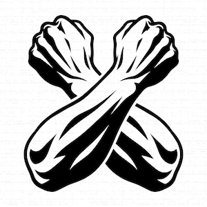 May include: Black and white illustration of two crossed fists. The fists are clenched, with detailed shading to define the muscles and contours. The image has a bold, graphic style, suitable for various applications.