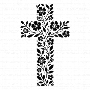 May include: A black floral cross design. The cross is filled with detailed black flowers, leaves, and vines. The design is set against a white background with a subtle brick texture, creating a striking contrast.