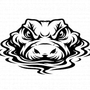 May include: A black and white illustration of an alligator's head emerging from water. The alligator's eyes are intense, and the design is stylized with bold lines, creating a striking visual.