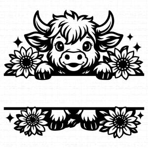 Highland Cow Split Frame SVG, PNG, Farm Animal Monogram, Rustic Western Name Sign, Country Decor Cut File, Personalized Gift Graphic, Cricut