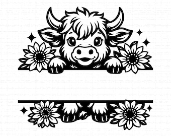 Highland Cow Split Frame SVG, PNG, Farm Animal Monogram, Rustic Western Name Sign, Country Decor Cut File, Personalized Gift Graphic, Cricut