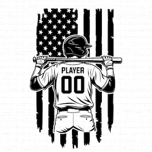 May include: A black and white graphic illustration of a baseball player seen from behind, wearing a helmet and jersey with the text PLAYER 00, holding a bat across their shoulders, set against a distressed American flag background design.
