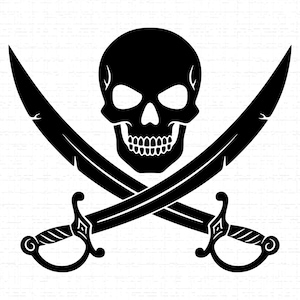 May include: Black and white illustration of a pirate flag. A skull with crossed swords is centered on a white background. The skull has eye sockets, a nose cavity, and teeth. The swords are curved with ornate handles.