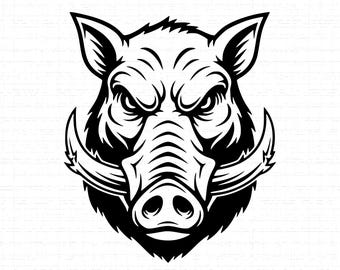 Cabeza de jabalí en formato SVG: Diseño para camisetas, Jabalí agresivo, Mascota animal, Caza, Archivos de corte, SVG, PNG, Descarga instantánea