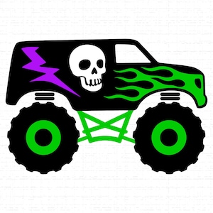 Pu&ograve; includere: Illustrazione di un monster truck nero con un teschio bianco, fiamme verdi e un fulmine viola. Il camion ha grandi ruote nere con centri verdi e un telaio verde.