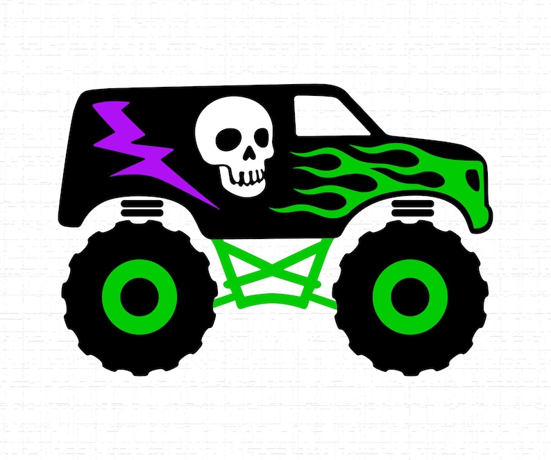 Pu&ograve; includere: Illustrazione di un monster truck nero con un teschio bianco, fiamme verdi e un fulmine viola. Il camion ha grandi ruote nere con centri verdi e un telaio verde.