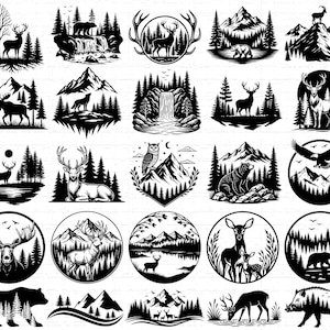 Puede incluir: Una colección de ilustraciones en blanco y negro con escenas de vida silvestre y naturaleza. Las imágenes incluyen ciervos, osos, montañas, cascadas y árboles. Algunos diseños son circulares, otros rectangulares.