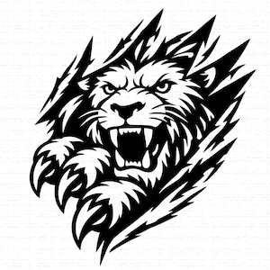 May include: A black and white illustration of a roaring lion's head bursting through a ripped surface. The lion has an open mouth, showing teeth, and sharp claws. The design has a bold, graphic style, suitable for apparel or decor.