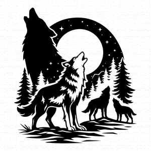 May include: Black and white illustration of wolves howling at the moon. The design features four wolves, pine trees, stars, and a full moon. The artwork is a silhouette style, perfect for wall art or apparel.