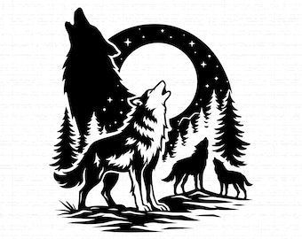 Può includere: Illustrazione in bianco e nero di lupi che ululano alla luna. Il design presenta quattro lupi, pini, stelle e una luna piena. L'opera d'arte è in stile silhouette, ideale per arte murale o abbigliamento.