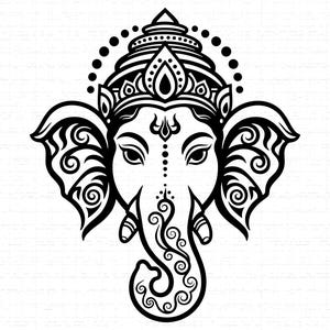 May include: A black and white illustration of the Hindu god Ganesha. The image shows a detailed depiction of Ganesha's head, with intricate patterns and embellishments, including a crown and ornate elephant ears.
