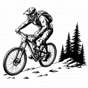 May include: Black and white illustration of a mountain biker riding downhill. The biker wears a helmet, backpack, and protective gear. The bike has large tyres and suspension. Silhouetted pine trees are in the background.