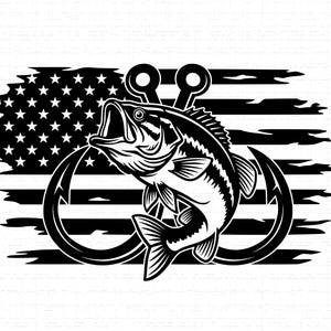 May include: Black and white graphic of a largemouth bass with an open mouth, positioned in front of a distressed American flag. Two large fish hooks are on either side of the fish. The design is suitable for fishing enthusiasts.
