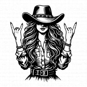 Retro Cowgirl SVG, PNG, Rock Hand Sign, Western Woman Hat, Country Music Gesture, Vintage Rodeo Shirt Cut File, Cricut, Silhouette