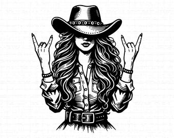 Retro Cowgirl SVG, PNG, Rock Hand Sign, Western Woman Hat, Country Music Gesture, Vintage Rodeo Shirt Cut File, Cricut, Silhouette