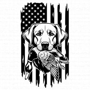 May include: Black and white illustration of a Labrador Retriever dog holding a duck in its mouth, set against a distressed American flag background. The design features the stars and stripes of the flag.