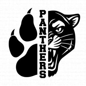May include: Black and white graphic design featuring a panther paw print and the face of a panther. The word "PANTHERS" is vertically stacked between the paw and the panther's face.