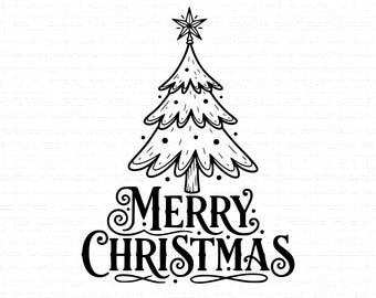 May include: Black and white illustration of a Christmas tree topped with a star, with the words "Merry Christmas" in a decorative font below. The tree has dotted ornaments.