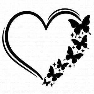May include: A black heart-shaped design with a double outline, featuring a trail of black butterflies and stars. The butterflies are of different sizes, creating a whimsical and elegant aesthetic. Suitable for crafts and decorations.