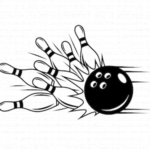 Può includere: Illustrazione grafica in bianco e nero di una palla da bowling che colpisce i birilli. La palla ha fori per le dita e linee di movimento. I birilli sono bianchi con strisce nere.