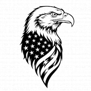 May include: A monochrome illustration of an eagle's head, featuring the American flag within its design. The eagle is depicted in profile, with detailed feathers and a focused gaze. The flag design incorporates stars and stripes.