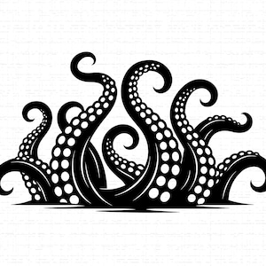 May include: A black and white illustration of octopus tentacles. The tentacles are curved and detailed with suckers. The design is a silhouette, with a solid black form against a white background.