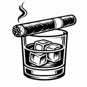 Puede incluir: Ilustración en blanco y negro de un cigarro apoyado en un vaso de whisky con cubitos de hielo. El humo se eleva del cigarro, lo que sugiere que está encendido. La imagen tiene una estética clásica y masculina.