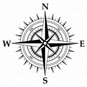 Puede incluir: Ilustración de una rosa de los vientos en blanco y negro. La brújula muestra los puntos cardinales Norte, Sur, Este y Oeste, además de las direcciones intermedias. El diseño incluye una estrella central y un círculo exterior con marcadores.