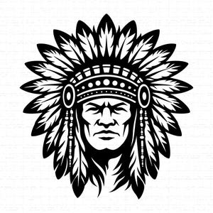 May include: Black and white illustration of a Native American chief wearing a feathered headdress. The portrait features detailed facial features and a traditional headdress with multiple feathers. The image is a graphic design, suitable for various applications.