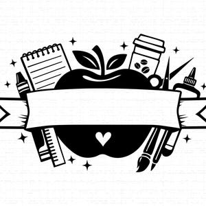 May include: A monochrome illustration featuring school-related items encircling an apple. The design includes a notepad, crayon, ruler, coffee cup, scissors, glue, and paintbrushes. A blank banner is across the center. Stars and a heart are included.