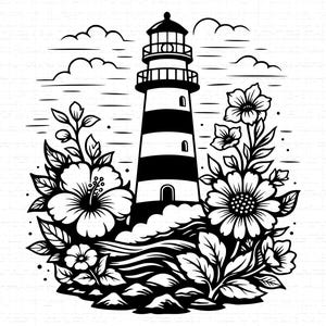 May include: Black and white illustration of a lighthouse with alternating black and white stripes. The lighthouse is surrounded by flowers, leaves, and clouds, creating a coastal theme.