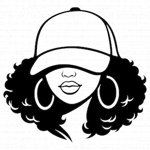 May include: A monochrome graphic depicting a woman with curly hair, a baseball cap, and large hoop earrings. The cap obscures the eyes, revealing only the nose and lips. The image has a clean, bold design, suitable for various applications.